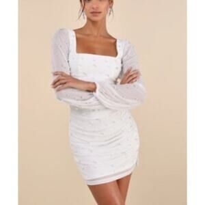 Lulus Admirably Divine White Pearl Sheet Long Sleeve Mini Dress XL